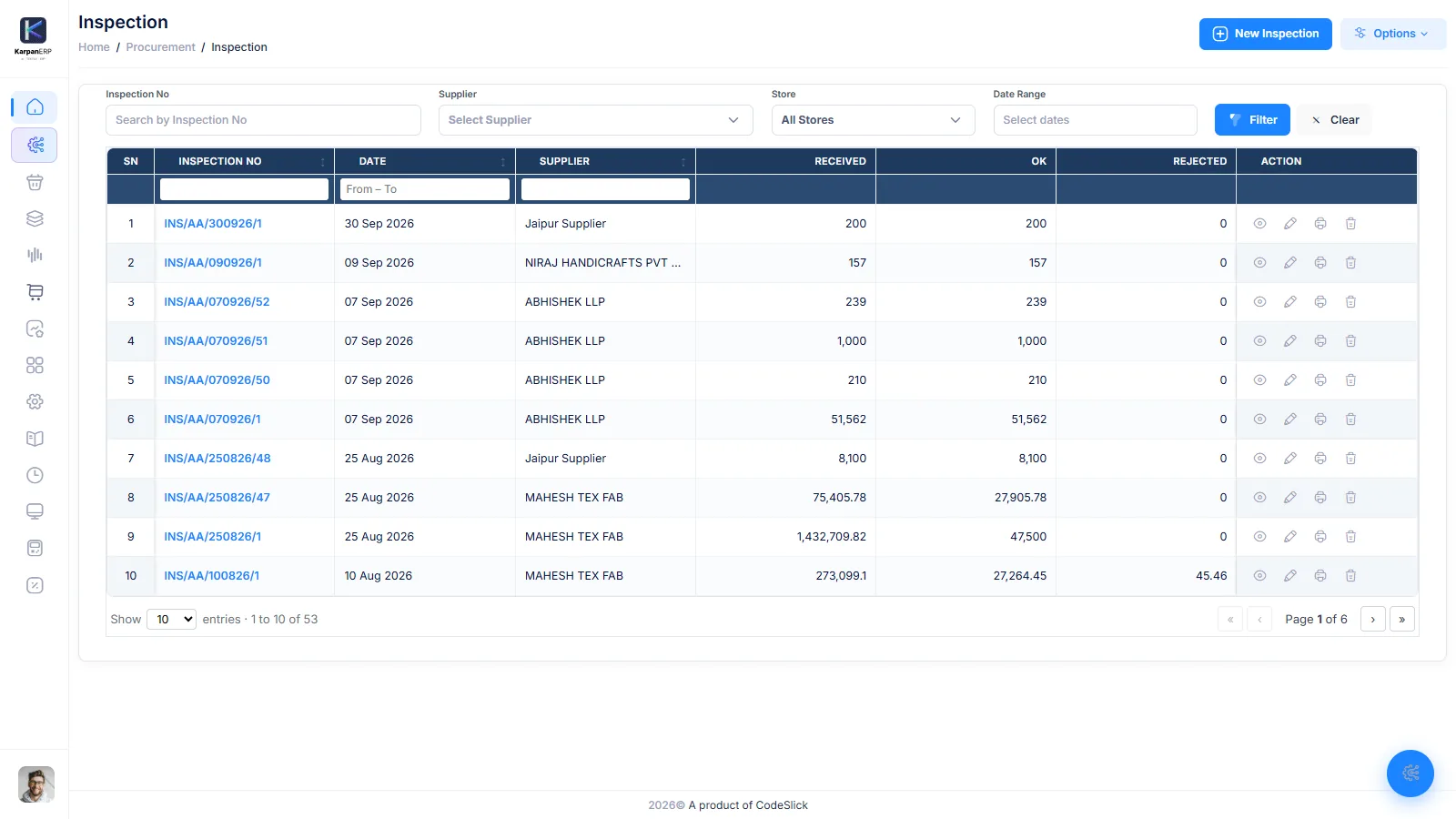 Karpan ERP fabric inspection list with OK and rejected quantity per lot